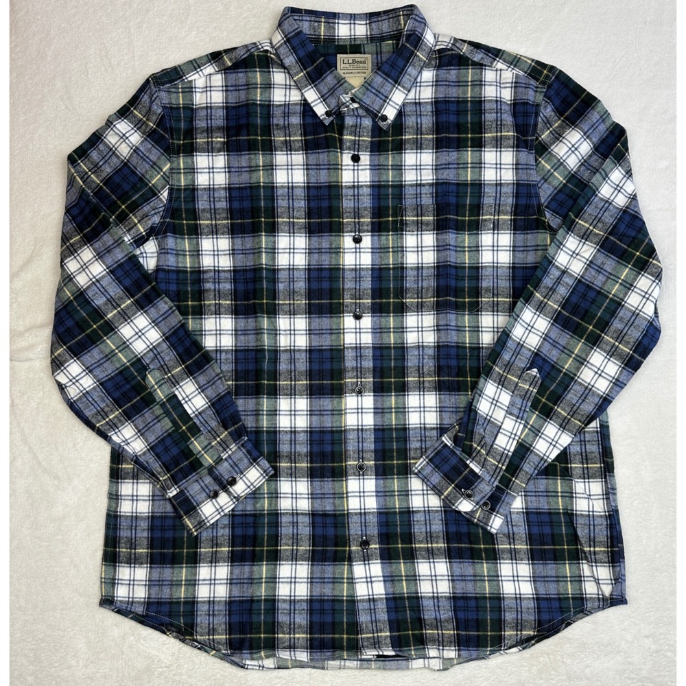 LL Bean Mens XL Reg Slightly Fitted Flannel Shirt Blue Green Plaid‎ 298167